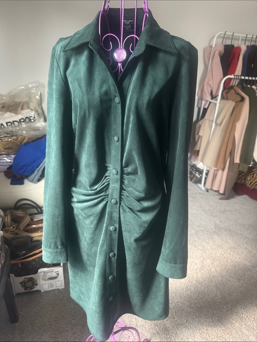 Marciano Guess Emerald Green suede Long-Sleeve Button Dress